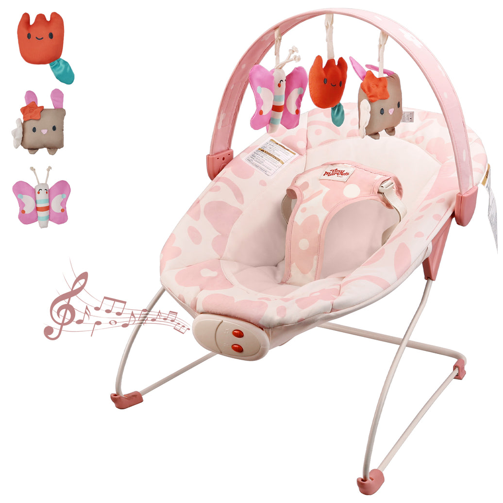 Baby Bouncer – Baby Bouncer seat, Infants Bouncy Seat with Music & Sensory Toys(Pink Floral)