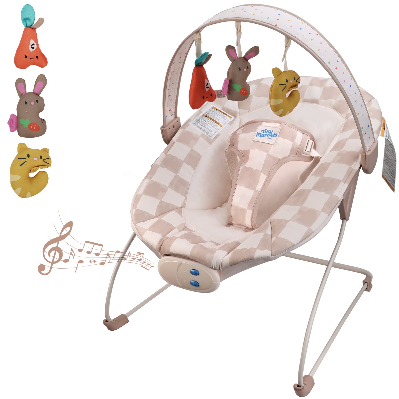 Baby Bouncer – Baby Bouncer seat, Infants Bouncy Seat with Music & Sensory Toys (Sand Checker)