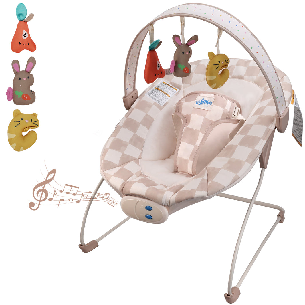 Baby Bouncer – Baby Bouncer seat, Infants Bouncy Seat with Music & Sensory Toys (Sand Checker)
