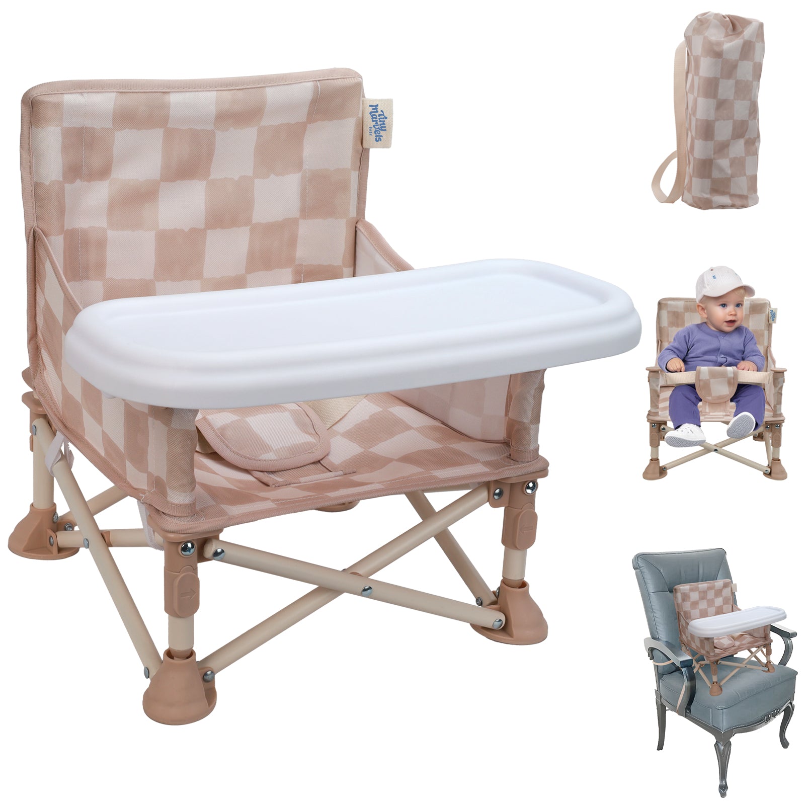 Portable 3-in-1 Baby Chair, Cozy Booster Seat(Sand Checker)