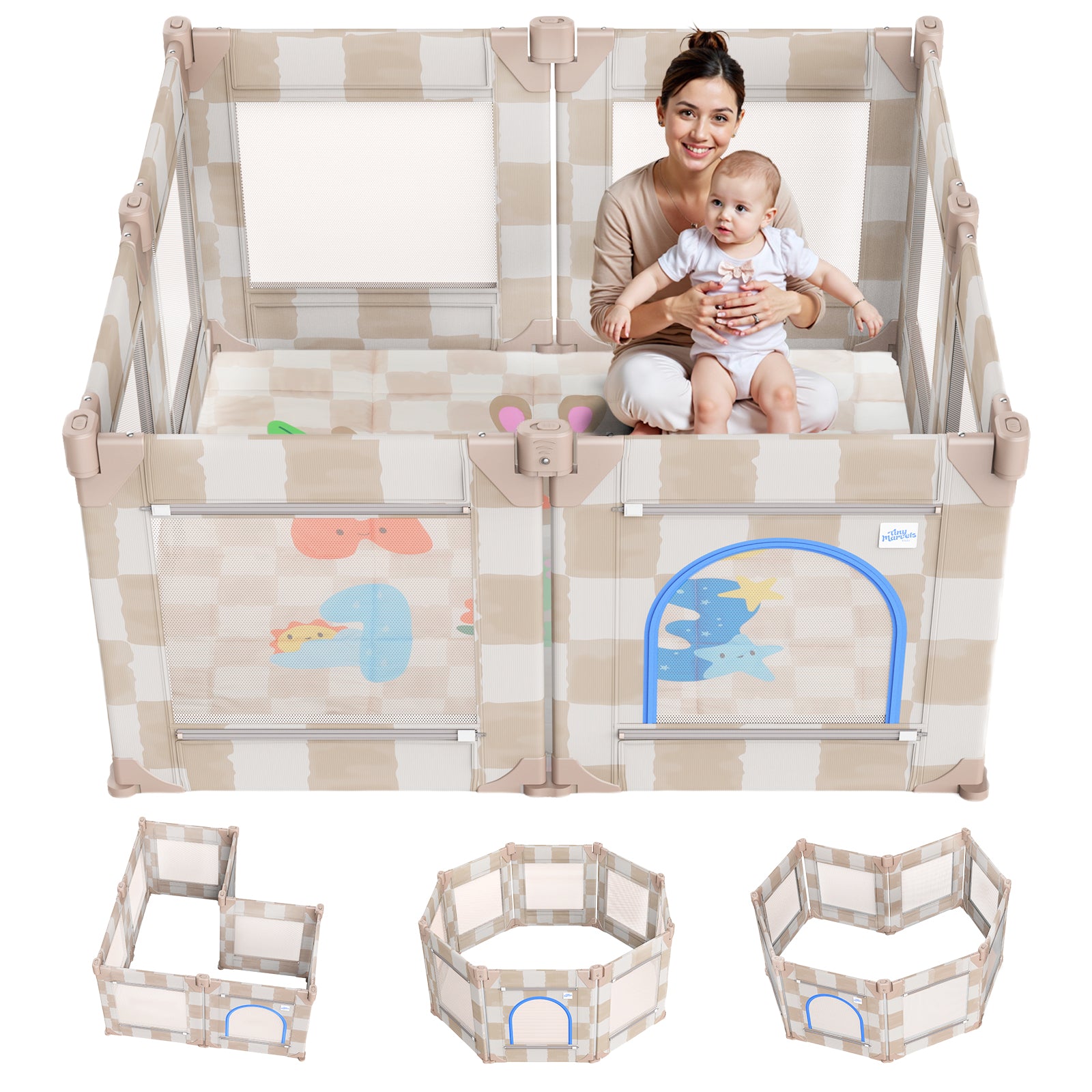 Baby Playpen, 50 x 50 in Play Pen for Babies and Toddlers (Sand Checks)
