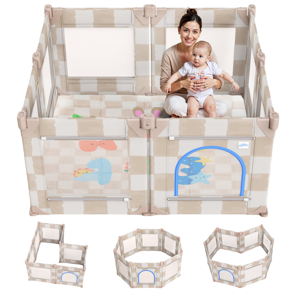 Baby Playpen, 50 x 50 in Play Pen for Babies and Toddlers (Sand Checks)