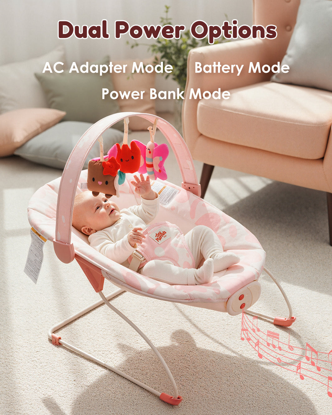 Baby Bouncer – Baby Bouncer seat, Infants Bouncy Seat with Music & Sensory Toys(Pink Floral)