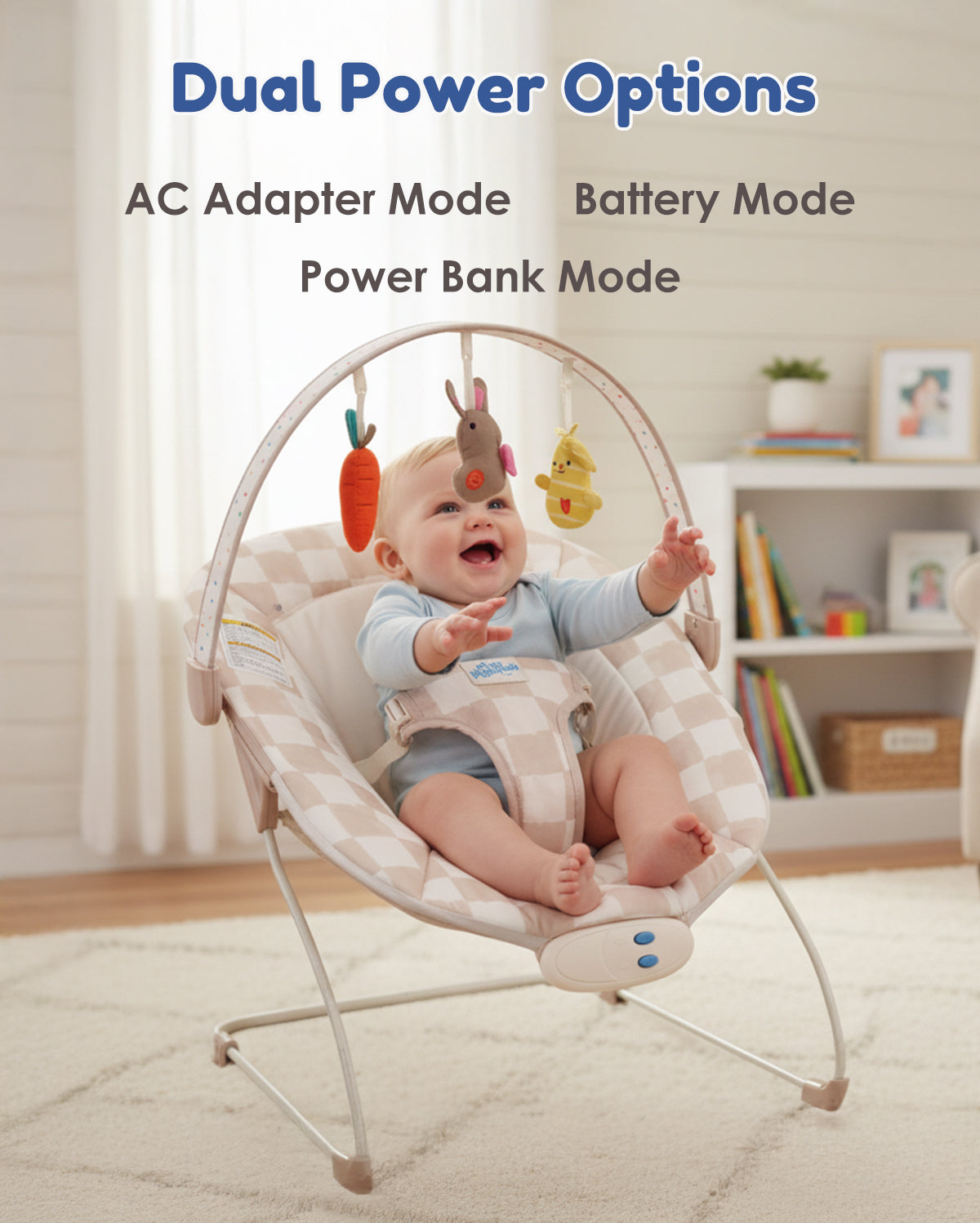 Baby Bouncer – Baby Bouncer seat, Infants Bouncy Seat with Music & Sensory Toys (Sand Checker)