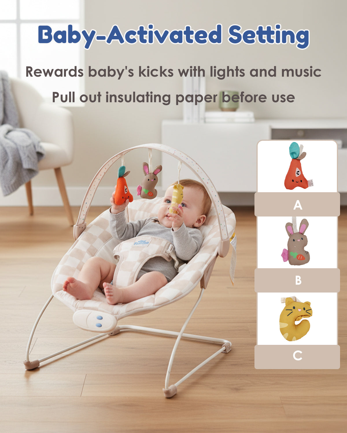 Baby Bouncer – Baby Bouncer seat, Infants Bouncy Seat with Music & Sensory Toys (Sand Checker)