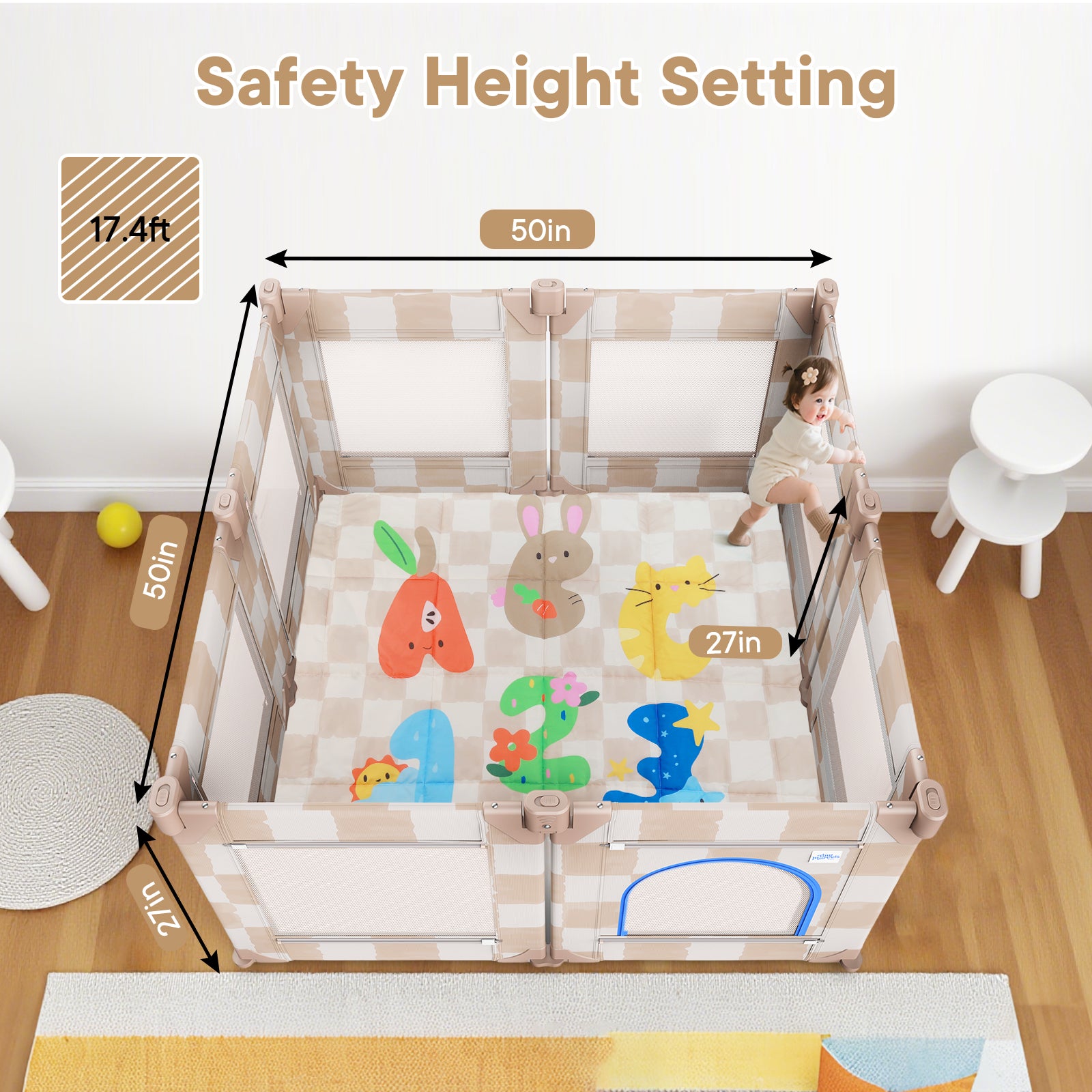 Baby Playpen, 50 x 50 in Play Pen for Babies and Toddlers (Sand Checks)