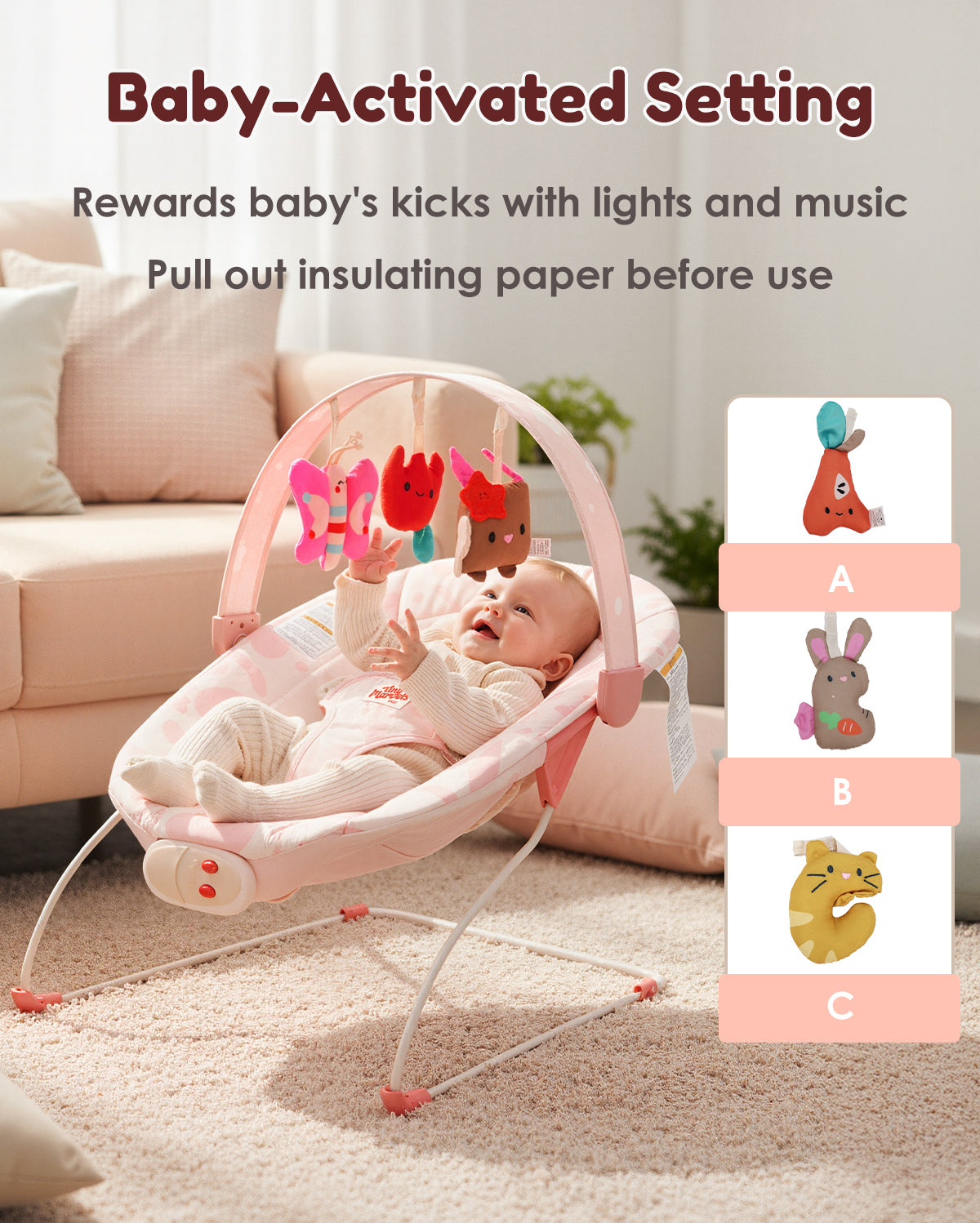 Baby Bouncer – Baby Bouncer seat, Infants Bouncy Seat with Music & Sensory Toys(Pink Floral)