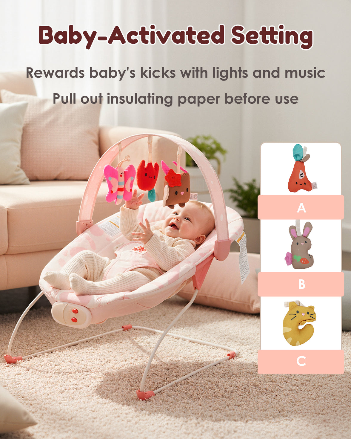 Baby Bouncer – Baby Bouncer seat, Infants Bouncy Seat with Music & Sensory Toys(Pink Floral)