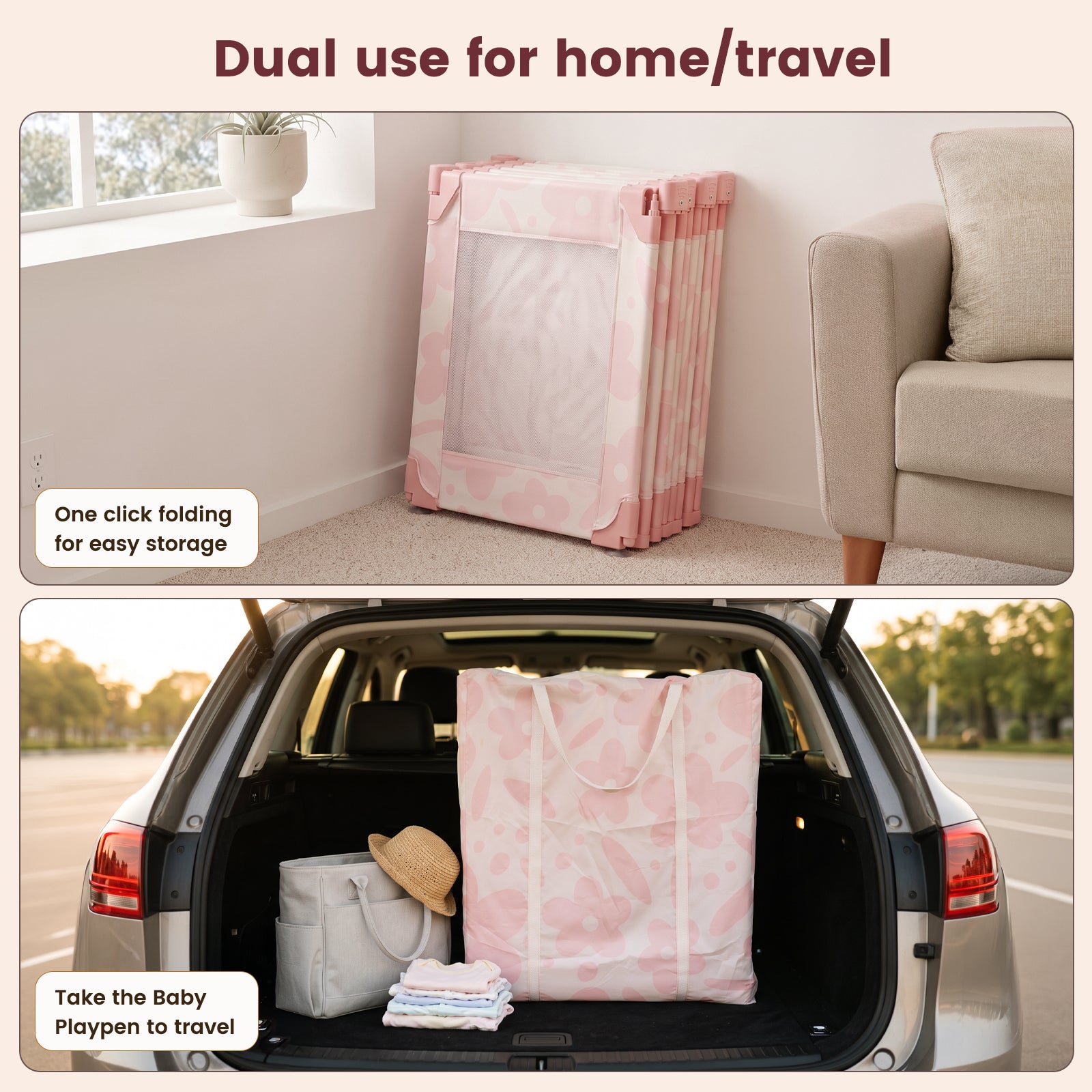 Foldable Baby Playpen, 50x50(Pink Floral)