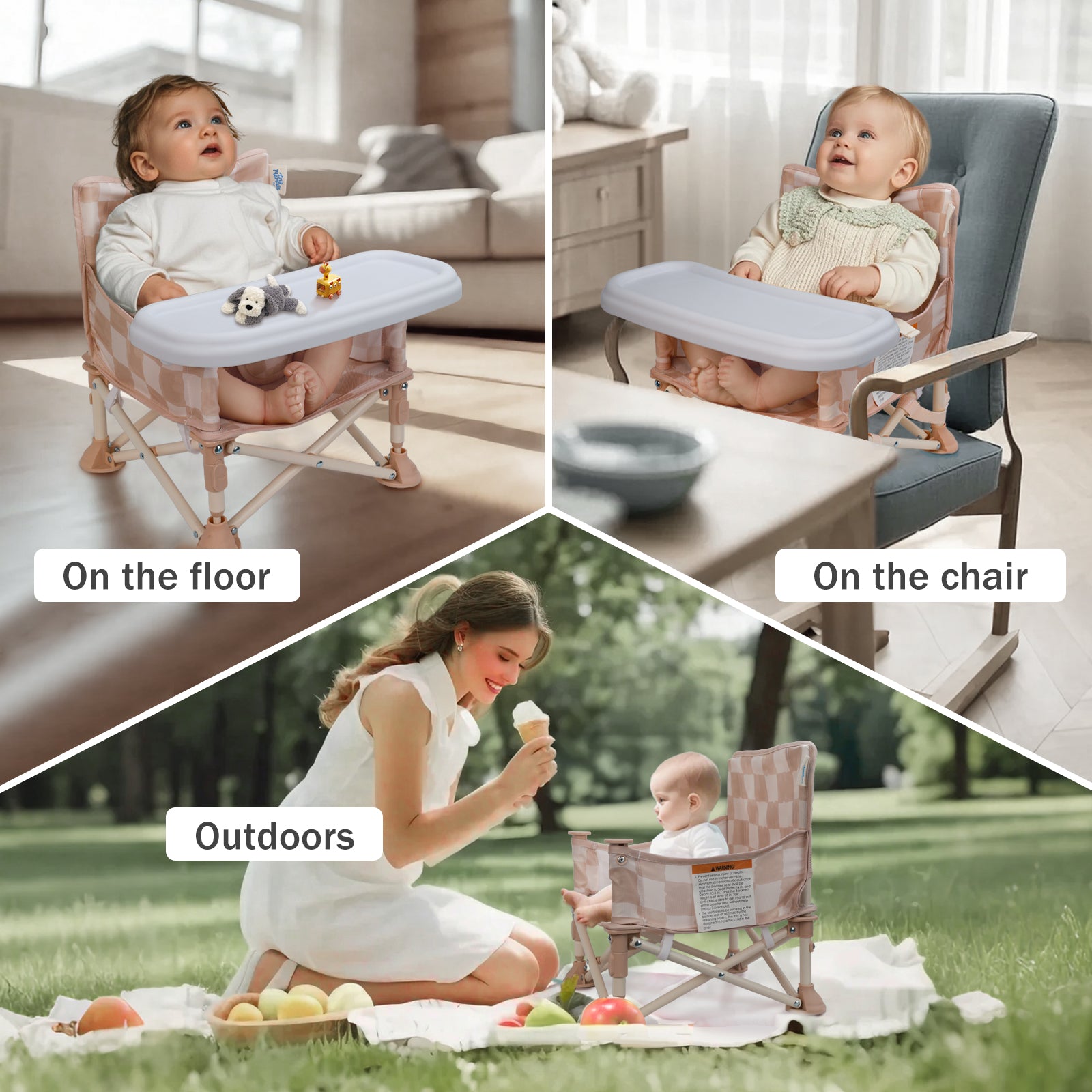 Portable 3-in-1 Baby Chair, Cozy Booster Seat(Sand Checker)