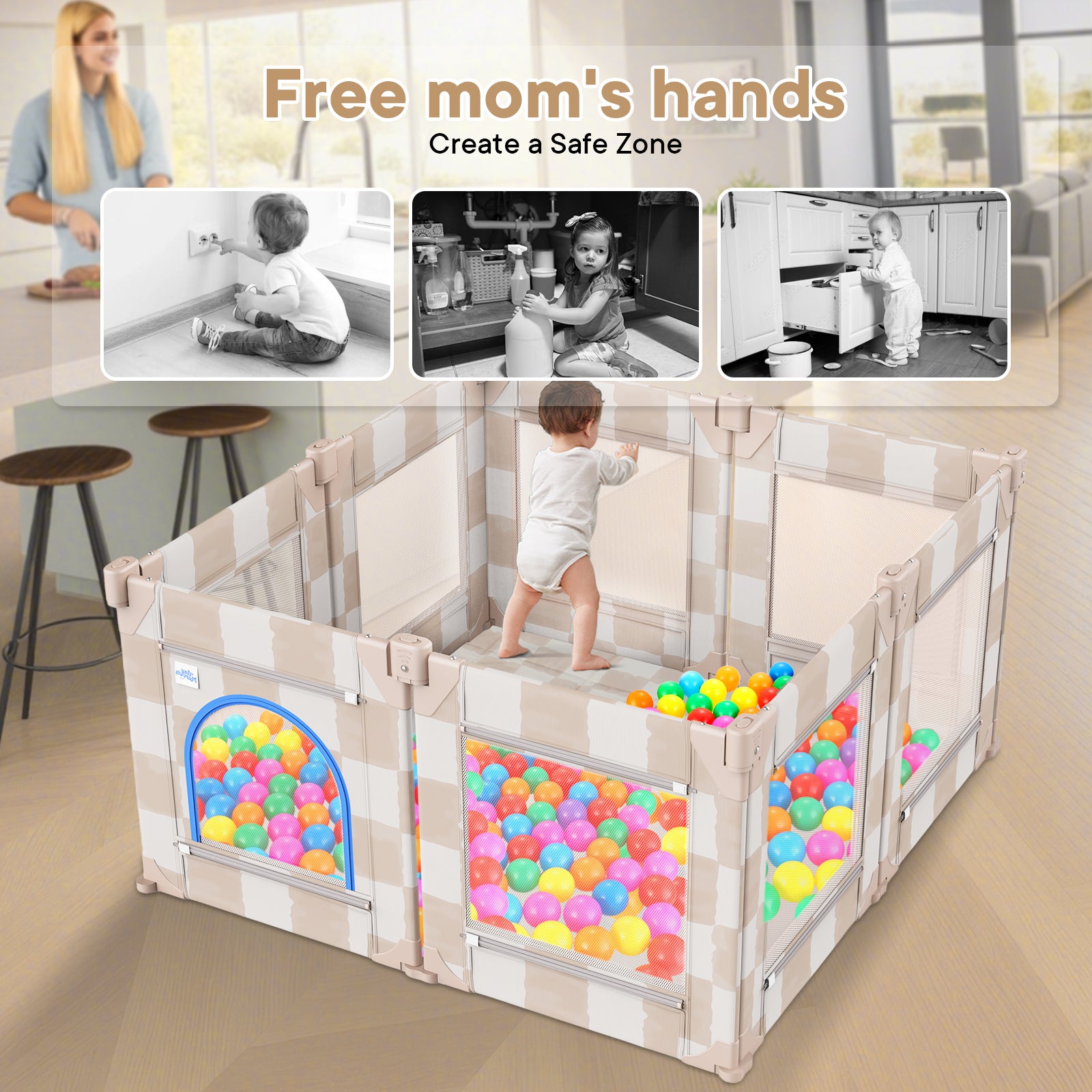 Baby Playpen, 50 x 50 in Play Pen for Babies and Toddlers (Sand Checks)