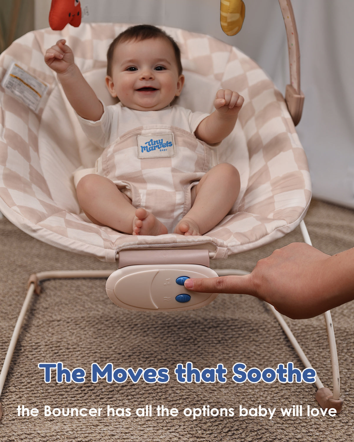 Baby Bouncer – Baby Bouncer seat, Infants Bouncy Seat with Music & Sensory Toys (Sand Checker)