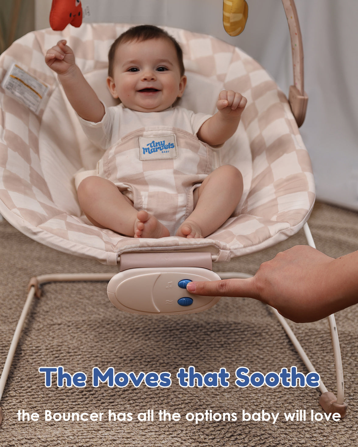 Baby Bouncer – Baby Bouncer seat, Infants Bouncy Seat with Music & Sensory Toys (Sand Checker)