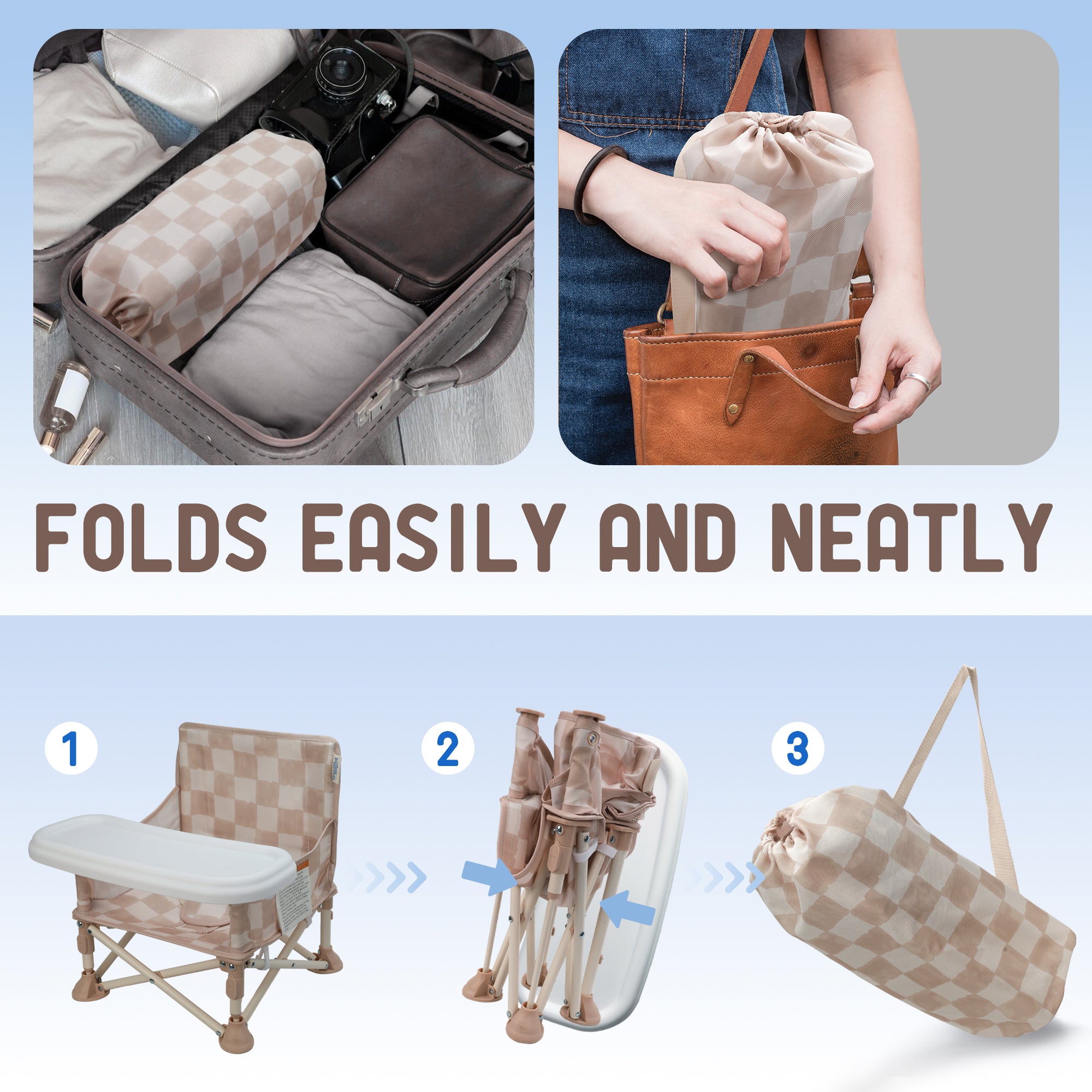 Portable 3-in-1 Baby Chair, Cozy Booster Seat(Sand Checker)