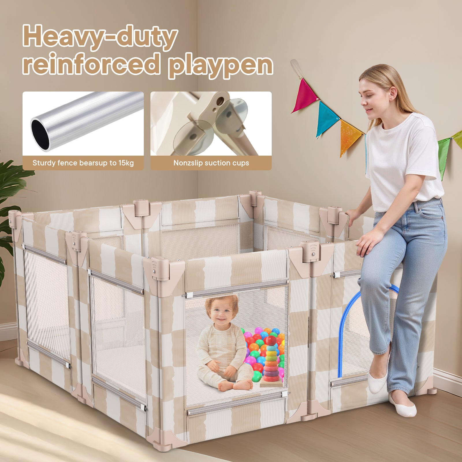 Baby Playpen, 50 x 50 in Play Pen for Babies and Toddlers (Sand Checks)