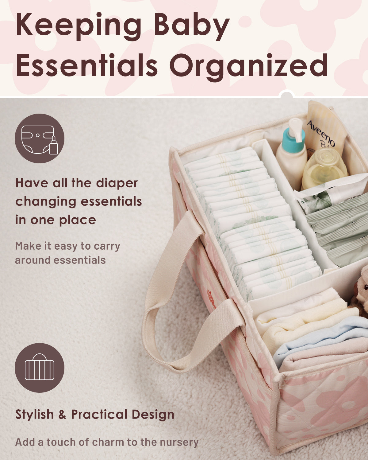 Diaper Caddy Organizer for New Parents(Pink Floral)