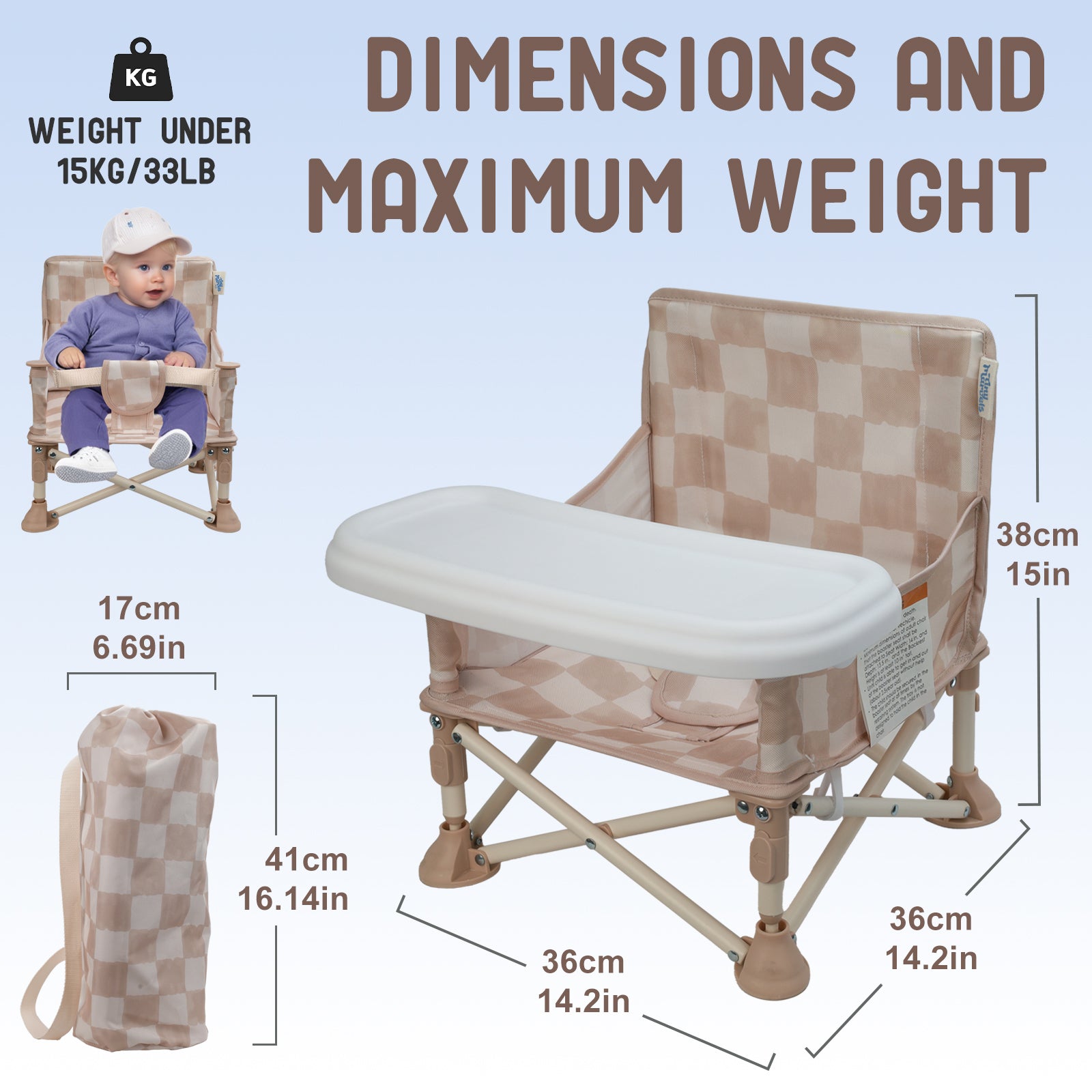 Portable 3-in-1 Baby Chair, Cozy Booster Seat(Sand Checker)