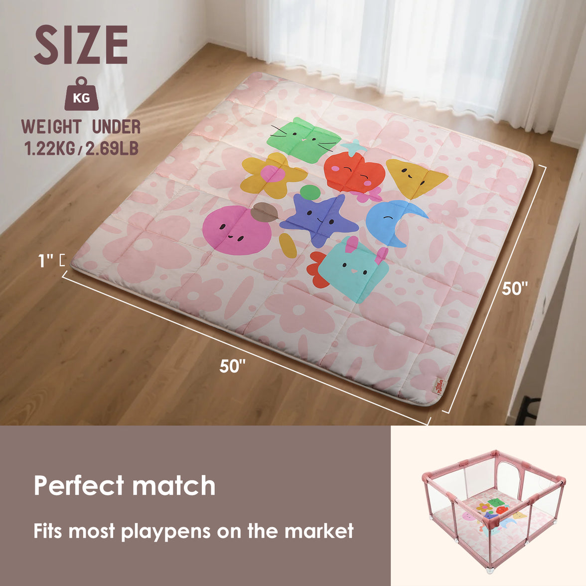 Baby Play Mat for Floor , Fits 50x50 Playpen(Blush Bloom)